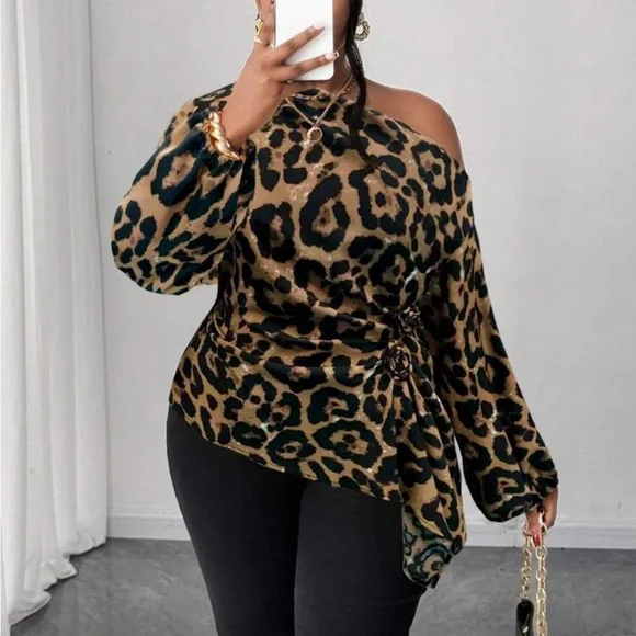 Plus Size Asymmetrical Off Shoulder Top Blouse Shirt Pink - Picture 13 of 16